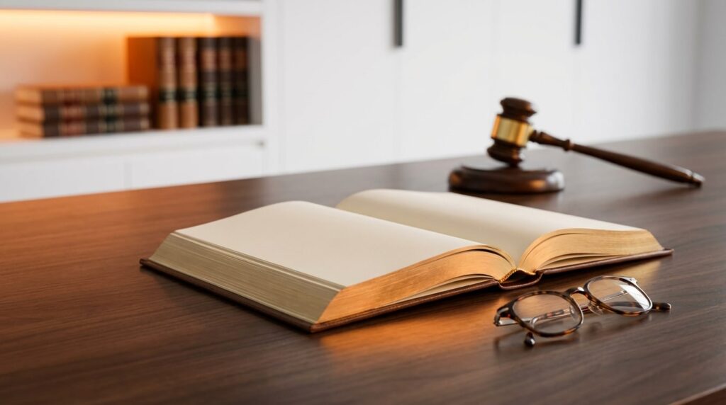 מבנה תוכנית לימודי משפטים LLB עם ספרים ומחברות על שולחן